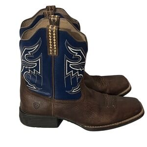 Ariat Cowboy Boots Kids Size 6 Brown Blue Square Toe Leather 10038333